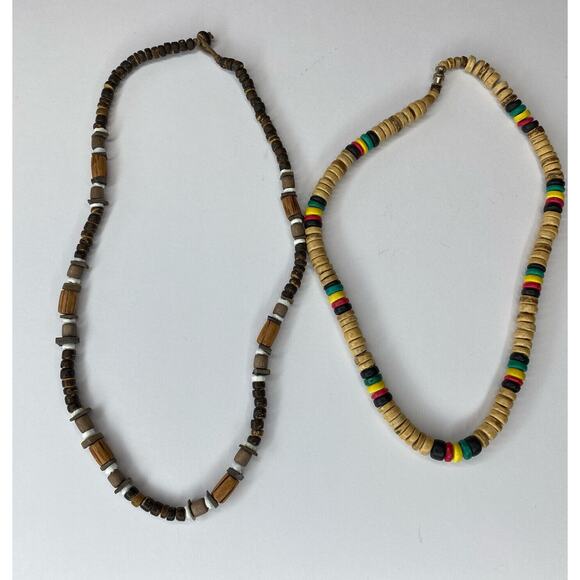 Y2K 90s Shell Rasta Coconut Beaded Necklaces Lot Of 2 Island Hippie Boho - Picture 1 of 11
